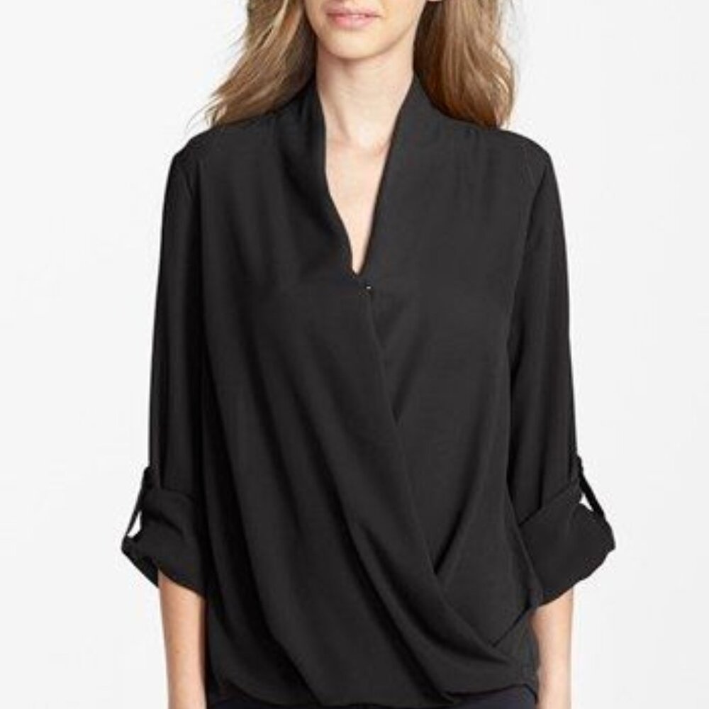 Pleione Faux Wrap Blouse Black, size Petite S